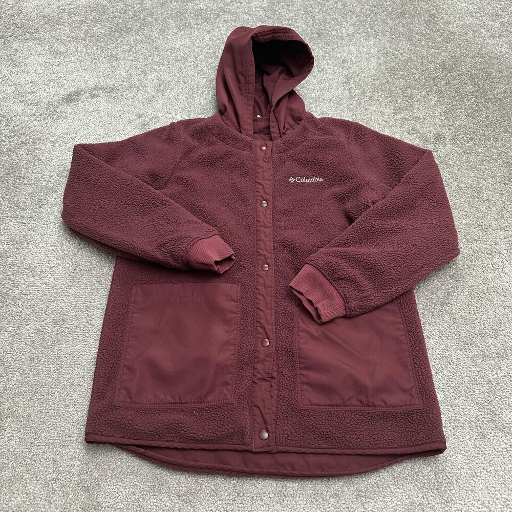 Columbia Reversible Fleece Jacket Girls Large Red Snap Button Pockets Outdoor